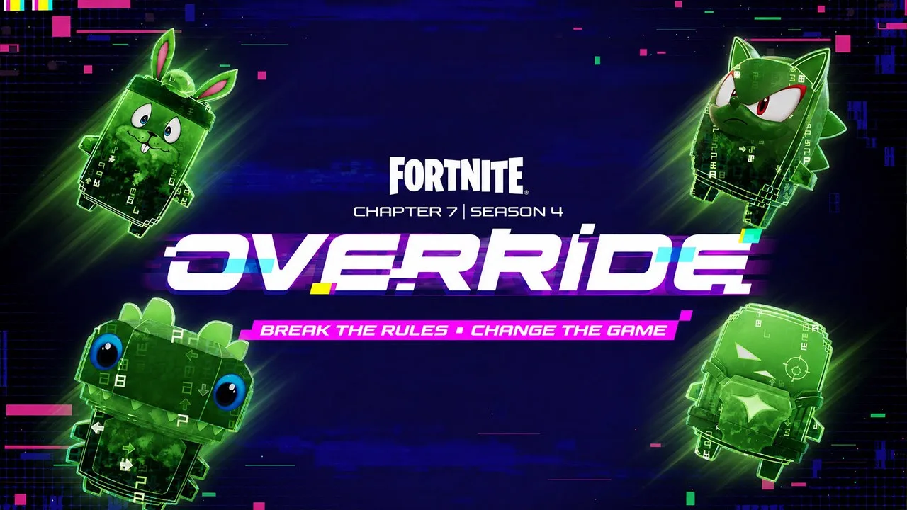 Epic's Sprite Day graphic: the green Cheat Master versions of Klombo, Jackrabbit, Killswitch and Shadow around the Override logo
