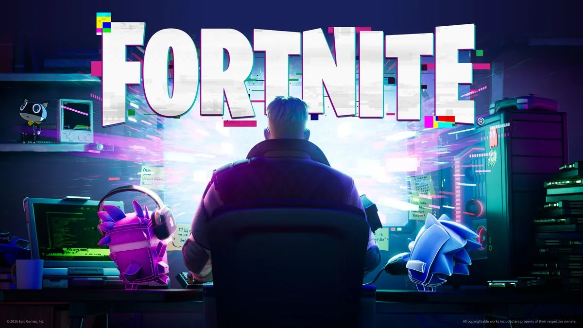 Fortnite Override key art showing a Morgana plush and a Sonic quill on a hacker's desk