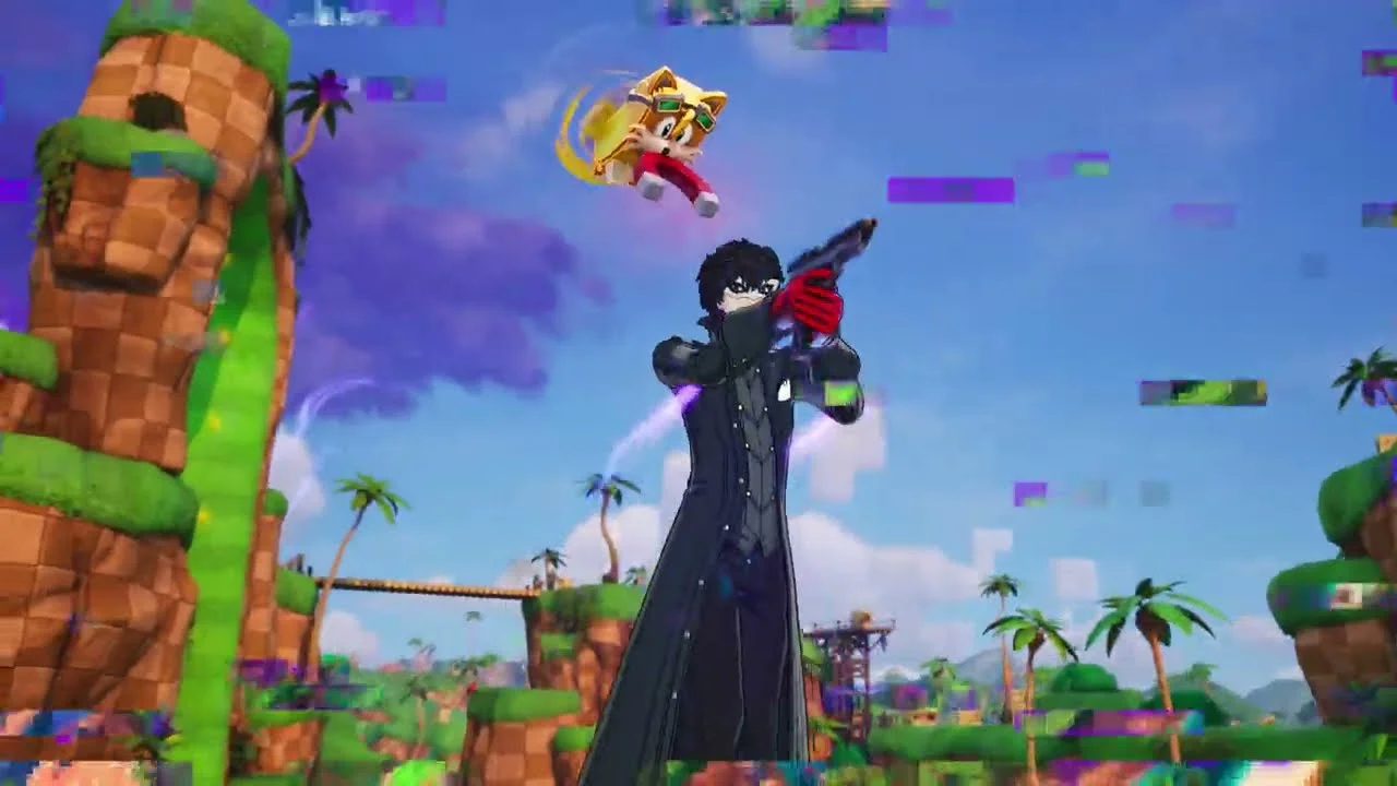 Joker firing a shotgun in a Green Hill Zone biome with a Tails Sprite flying above him