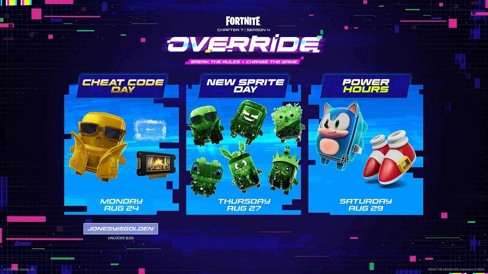 Epic's weekly schedule graphic for Override: Cheat Code Day Monday, New Sprite Day Thursday, Power Hours Saturday
