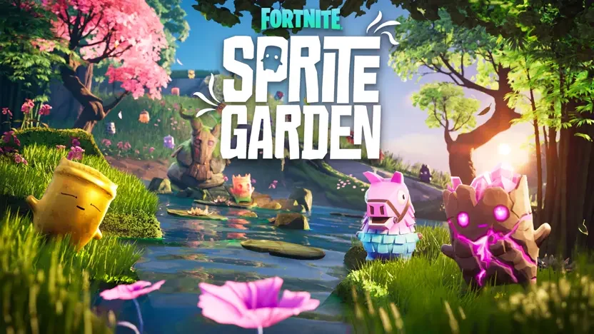 Official Sprite Garden key art: sprites relaxing around a sunlit pond, including a Gold sprite, the pinata Llama and a Cube sprite