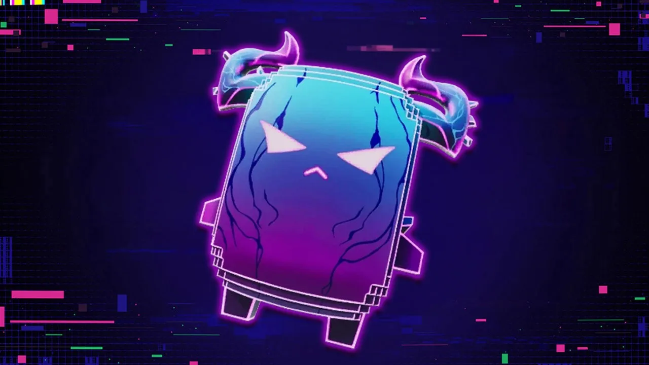 Epic's Storm Scout key art: a purple and teal Sprite with horned ears and narrowed glowing eyes on a glitching Override background