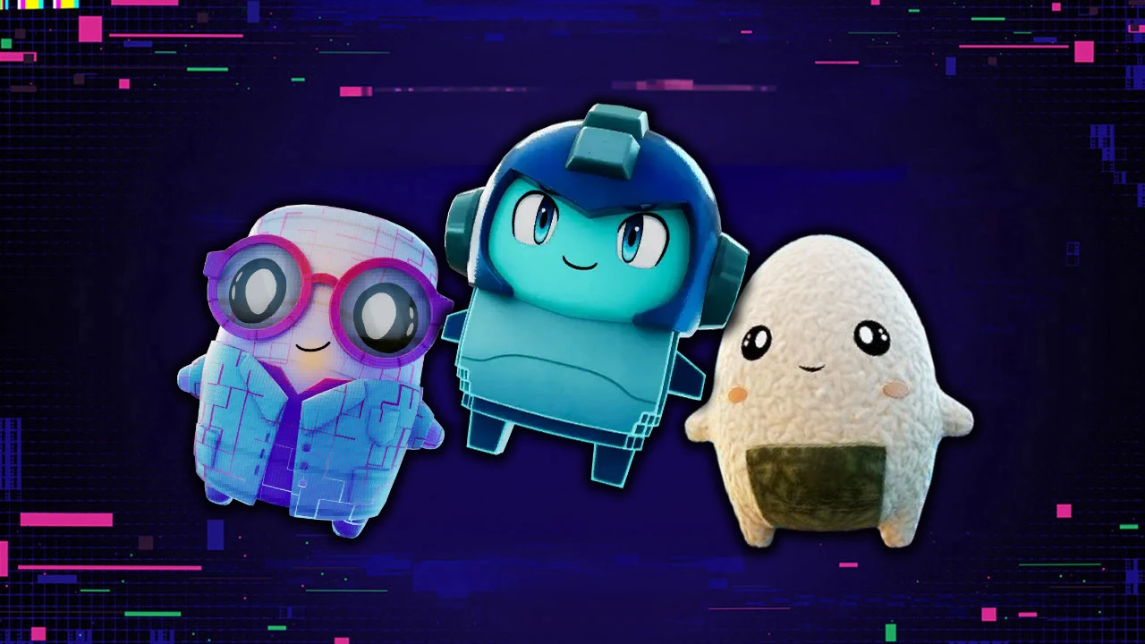 A professor-styled Sprite in its glitchy Loot Hacker skin, the new Mega Man Sprite, and the Onigiri Sprite side by side