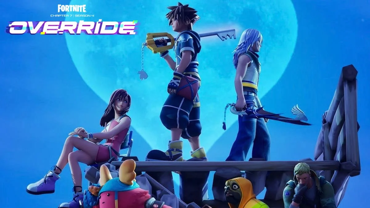 Fortnite Chapter 7 Season 4 Override key art, Sora, Kairi and Riku standing beneath a heart-shaped moon