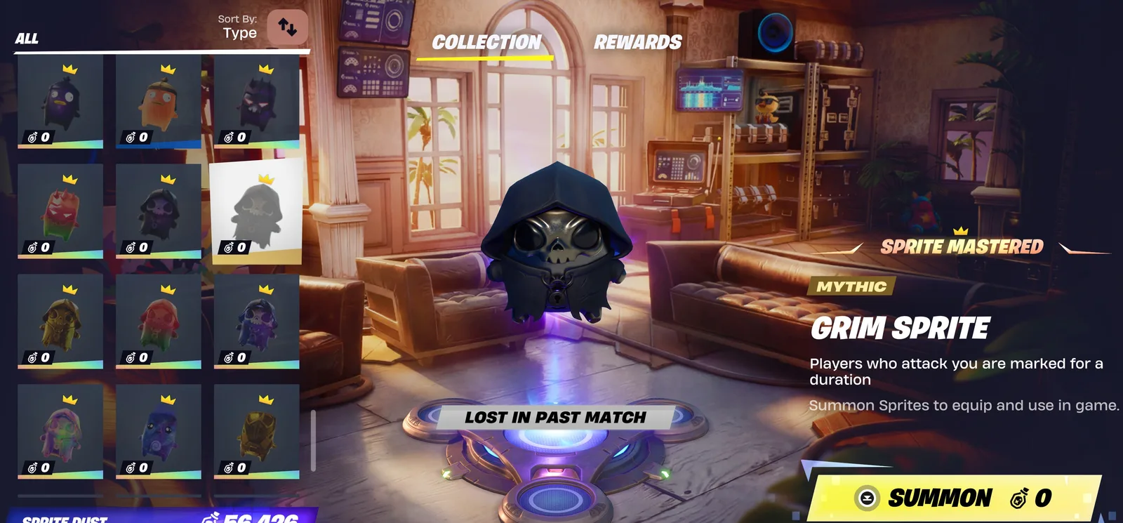 Fortnite's sprite collection screen showing a mastered Grim Sprite lost in a past match, with a resummon cost of 0